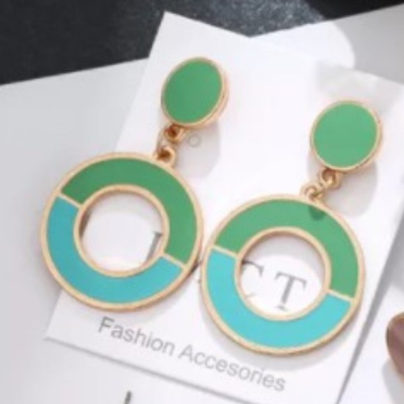 Mint Green and Turquoise Circle Dangle Earrings - Picture 2 of 2